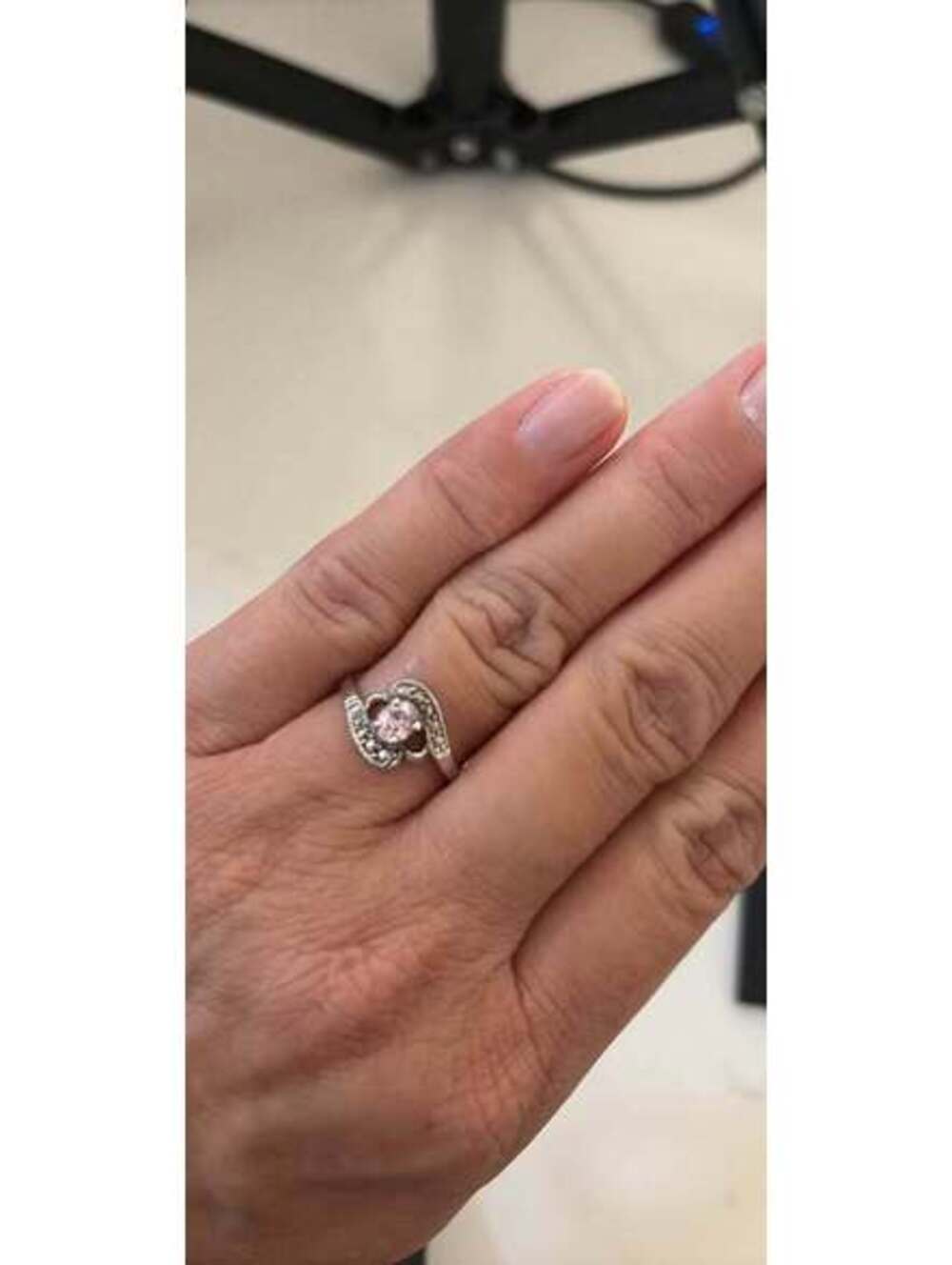 Sterling Silver Tone Bypass Ring with Light Pink Topaz Oval Stone Sz 7